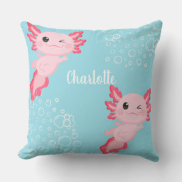 Cute Pink Axolotl Aqua Blue Underwater Kids Throw Pillow
