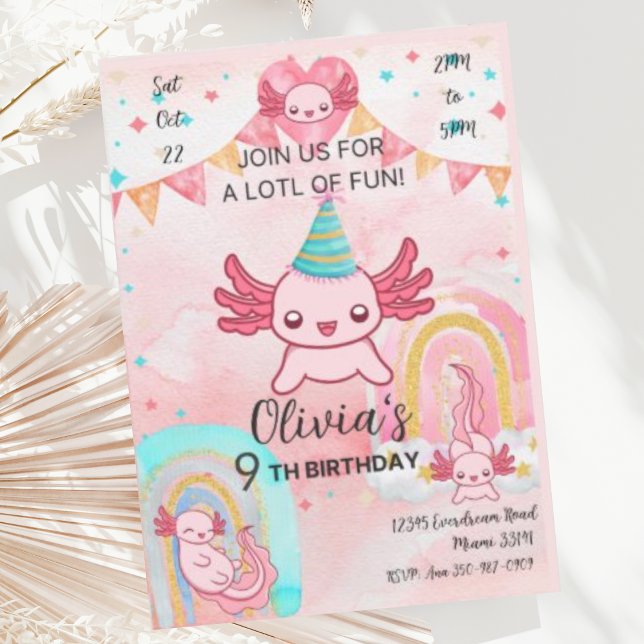 Cute Pink Axolotl Birthday Party Invitation (Creator Uploaded)