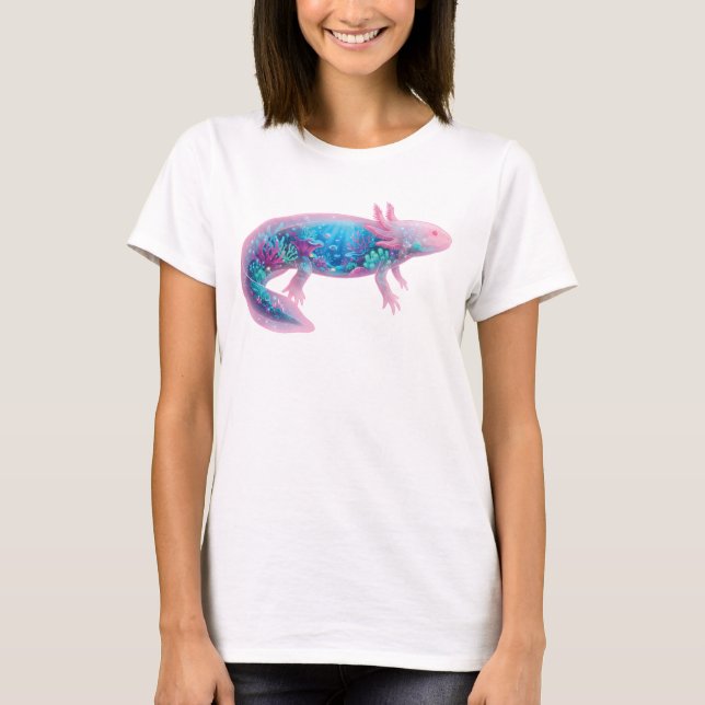 Cute Pink Axolotl Fantasy Ocean Double Exposure  T-Shirt (Front)