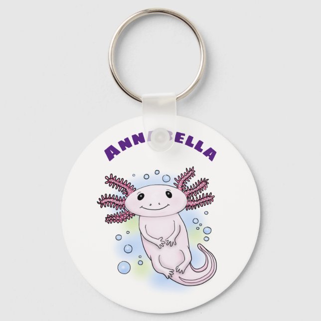 Cute pink axolotl on blue bubbles pet cartoon keychain (Front)