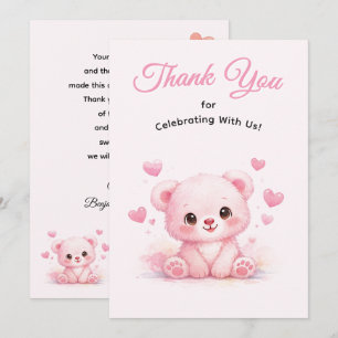 Cute Pink Baby Bear for Girl Birthday Thank You Card