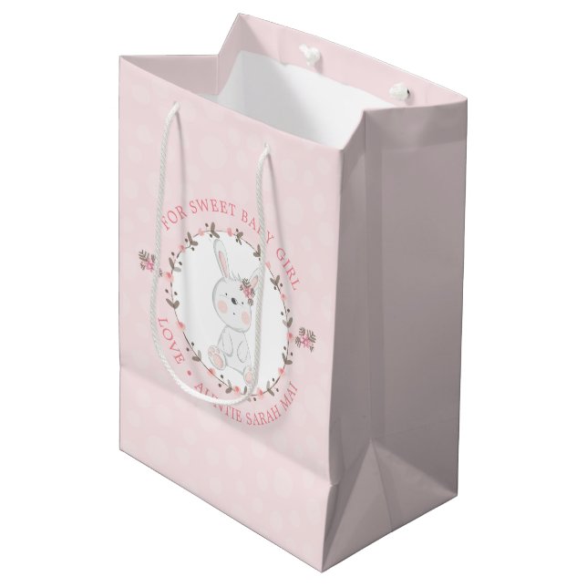 Cute Pink Baby Bunny Floral Wreath Personalized Medium Gift Bag (Front Angled)