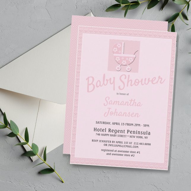 Cute Pink Baby Carriage Girls Baby Shower Invitation (Cute Pink Baby Carriage Baby Shower Invitation)