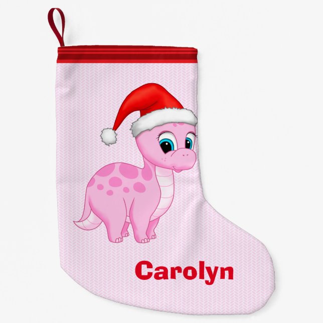 Cute Pink Baby Dinosaur with Santa Hat Small Christmas Stocking (Front)