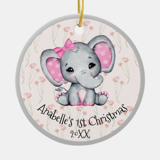 Cute Pink Baby Elephant 1st Christmas Ceramic Ornament (Front)