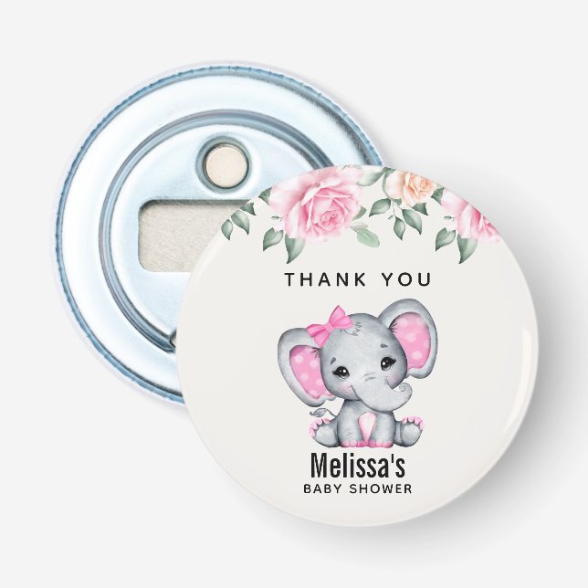 Cute Pink Baby Elephant and Roses Baby Shower Bottle Opener (Front)