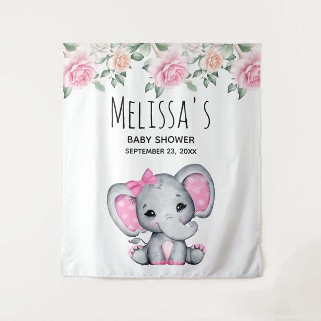 Cute Pink Baby Elephant and Roses Baby Shower Tapestry (Front)