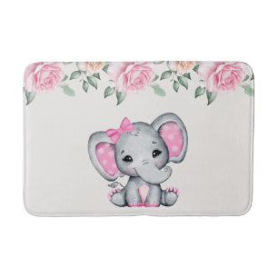Cute Pink Baby Elephant and Roses Border Bath Mat
