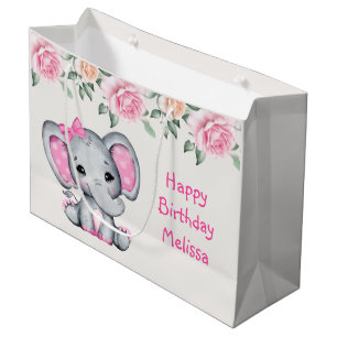 Cute Pink Baby Elephant and Roses Border Birthday Large Gift Bag