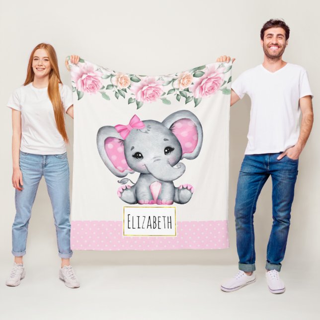 Cute Pink Baby Elephant and Roses Border Fleece Blanket (In Situ)