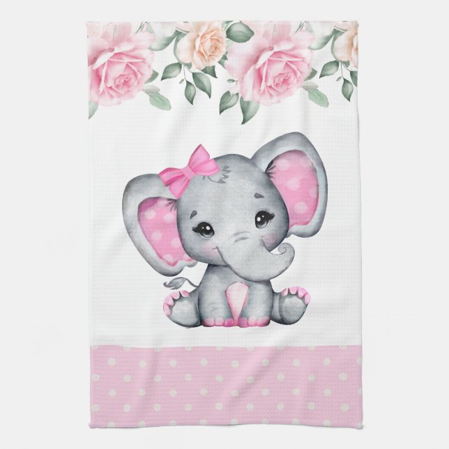 Cute Pink Baby Elephant and Roses Border Kitchen Towel (Vertical)