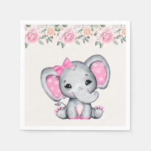 Cute Pink Baby Elephant and Roses Border Napkin