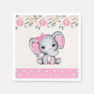 Cute Pink Baby Elephant and Roses Border Napkin