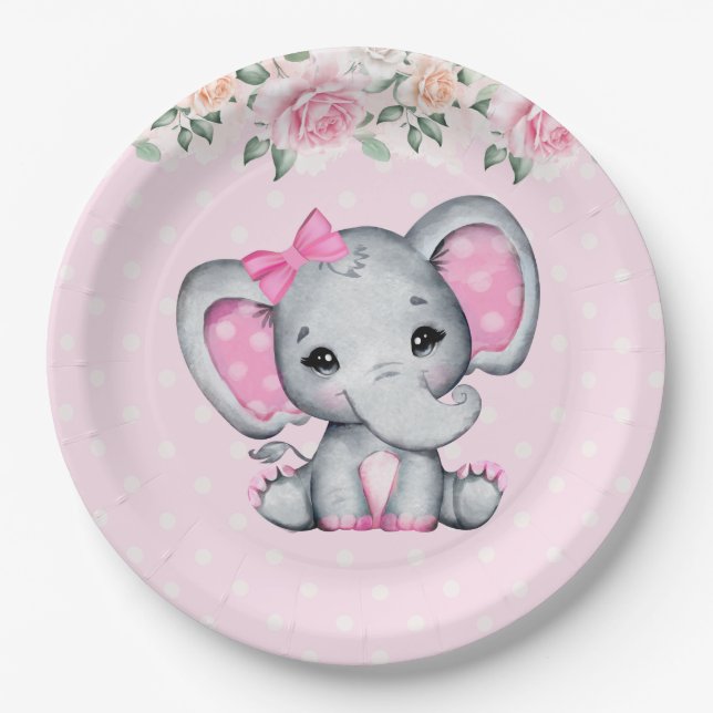Cute Pink Baby Elephant and Roses Border Paper Plate (Front)