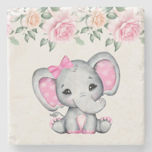 Cute Pink Baby Elephant and Roses Border Stone Coaster