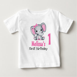 Cute Pink Baby Elephant First Birthday Baby T-Shirt