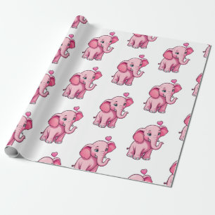 Cute Pink Baby Elephant With Love Wrapping Paper