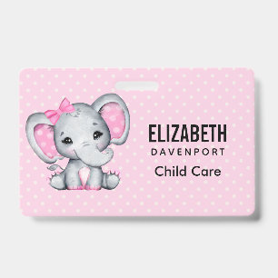 Cute Pink Baby Elephant with Polka Dot Ears Badge