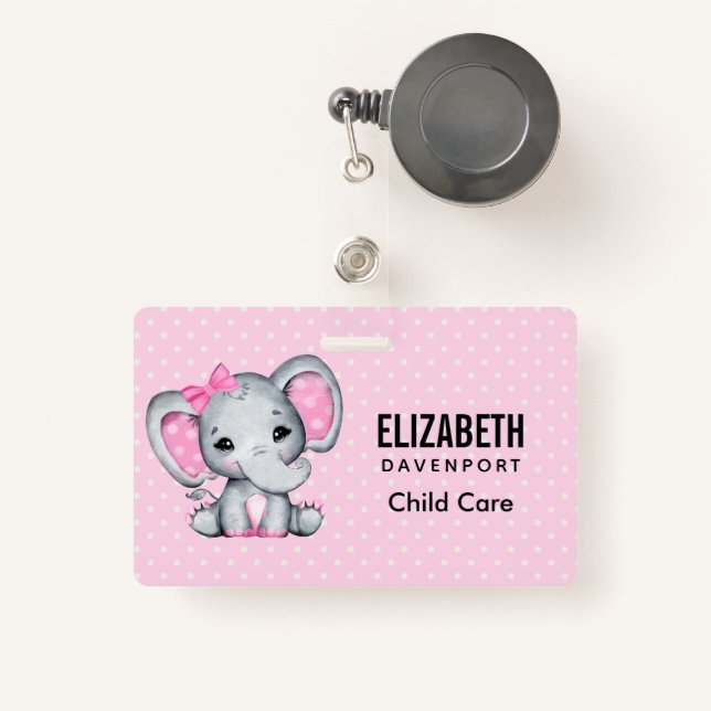 Cute Pink Baby Elephant with Polka Dot Ears Badge (Front with Retractable)
