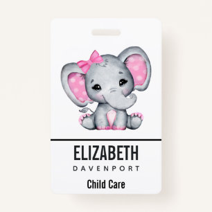 Cute Pink Baby Elephant with Polka Dot Ears Badge