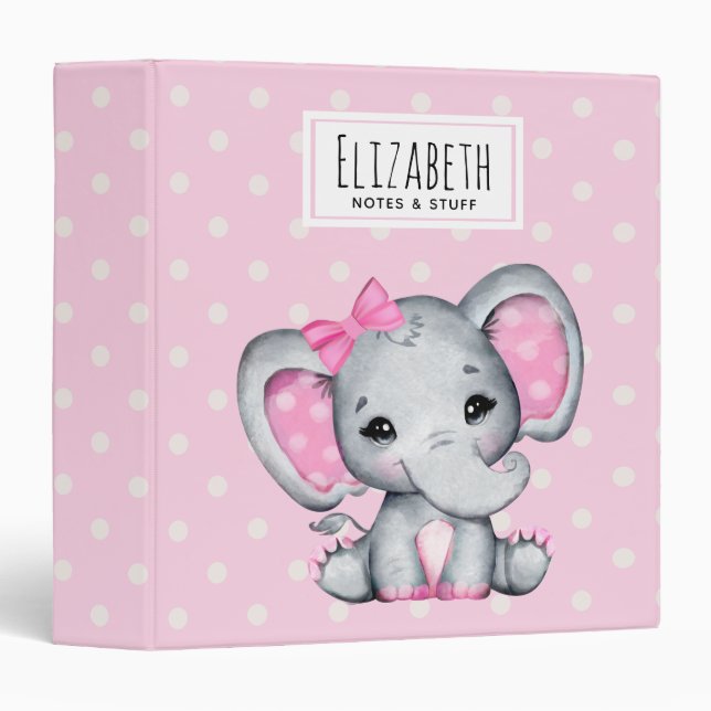 Cute Pink Baby Elephant with Polka Dot Ears Binder (Front/Spine)