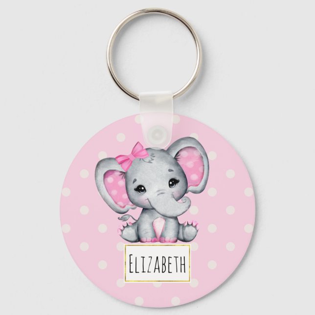 Cute Pink Baby Elephant with Polka Dot Ears Keychain (Front)