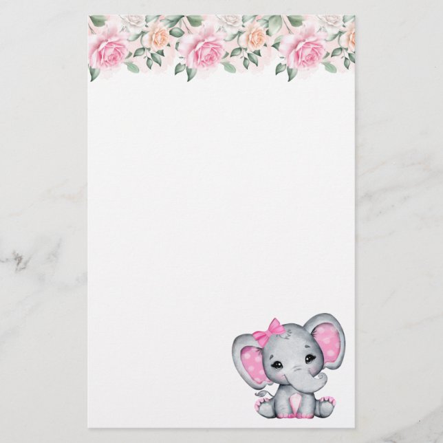 Cute Pink Baby Elephant with Polka Dot Ears Stationery (Front)