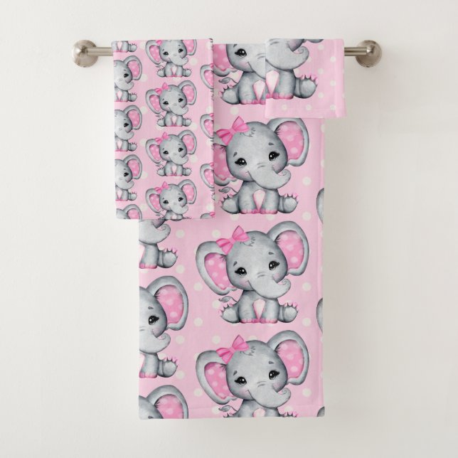 Cute Pink Baby Elephants Pattern Bath Towel Set (Insitu)