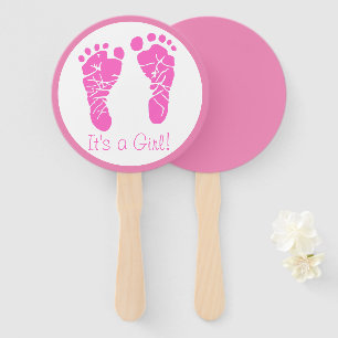 Cute Pink Baby Footprints Its a Girl Baby Shower Hand Fan