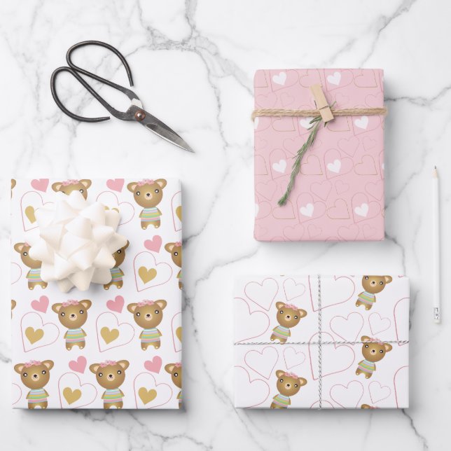 Cute Pink Baby Girl Bear Wrapping Paper Sheet (Front)