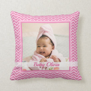Cute Pink Baby Girl Birth Stats Photo Keepsake Throw Pillow
