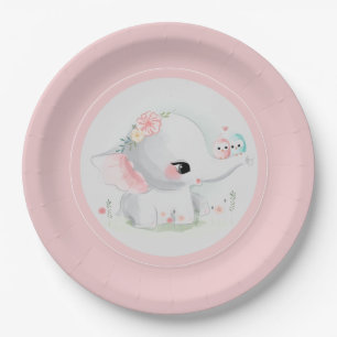 Cute Pink Baby Girl Elephant Paper Plates