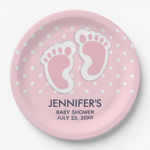 Cute Pink baby Girl Footprints Baby Shower Paper Plate
