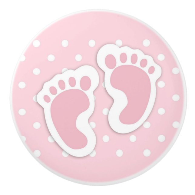 Cute Pink Baby Girl Footprints Ceramic Knob (Front)