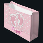 Cute Pink Baby Girl Footprints Large Gift Bag<br><div class="desc">Gift bags with an adorable image of pink baby girl footprints with a heavy white outline. 
White polka dots on a pink background behind the illustration.</div>