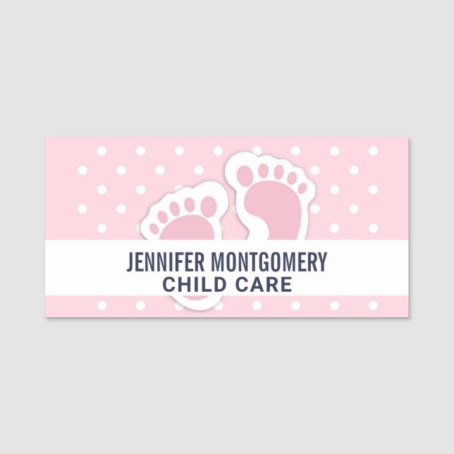 Cute Pink Baby Girl Footprints Name Tag (Front)