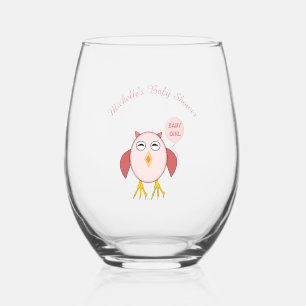Cute Pink Baby Girl Owl Baby Shower Custom Stemless Wine Glass