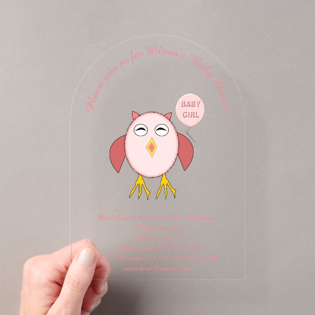 Cute Pink Baby Girl Owl Custom Baby Shower Acrylic Invitations (Insitu (Handheld))