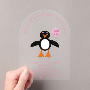 Cute Pink Baby Girl Penguin Custom Baby Shower Acrylic Invitations