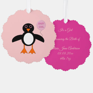 Cute Pink Baby Girl Penguin Custom Ornament Card