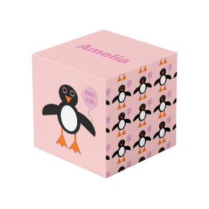 Cute Pink Baby Girl Penguin Personalized Cube