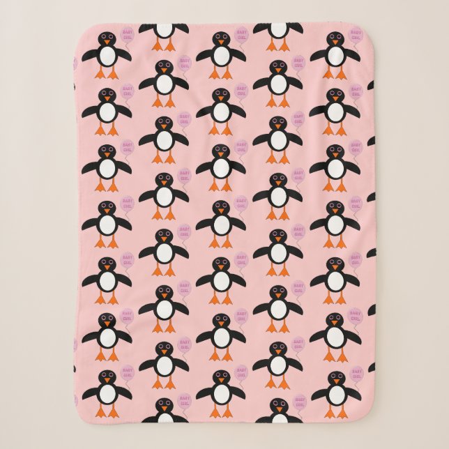Cute Pink Baby Girl Penguin Sherpa Blanket (Front)