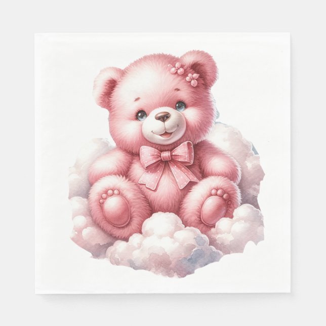 CUTE PINK BABY GIRL TEDDY BEAR ON A CLOUD NAPKIN (Front)