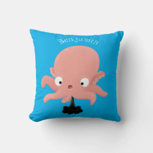Cute pink baby octopus cartoon humour throw pillow