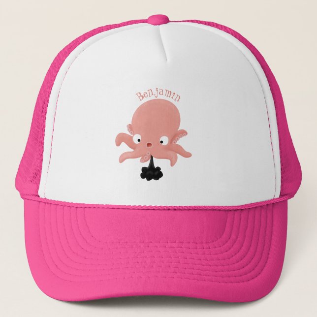 Cute pink baby octopus cartoon humour trucker hat (Front)