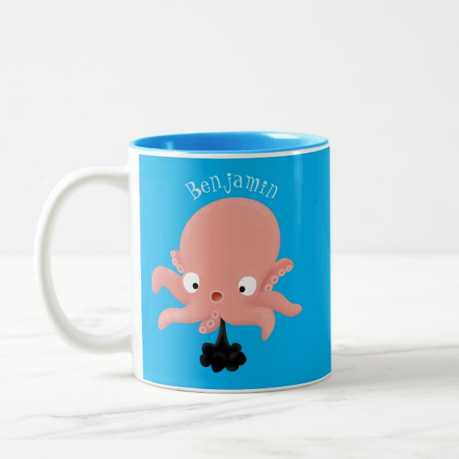 Cute pink baby octopus cartoon humour Two-Tone coffee mug (Left)