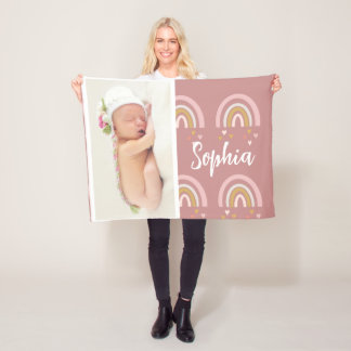 Cute Pink Baby Photo Rainbow Name Personalized Fleece Blanket