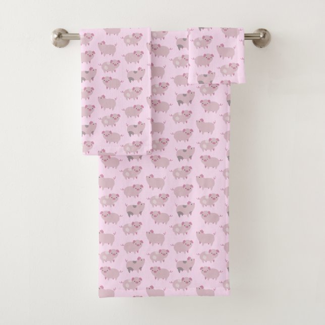 Cute Pink Baby Piglets Pattern & Dots Bath Towel Set (Insitu)