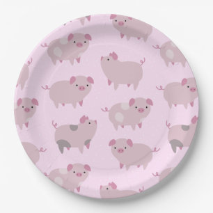 Cute Pink Baby Piglets Pattern & Dots Paper Plate