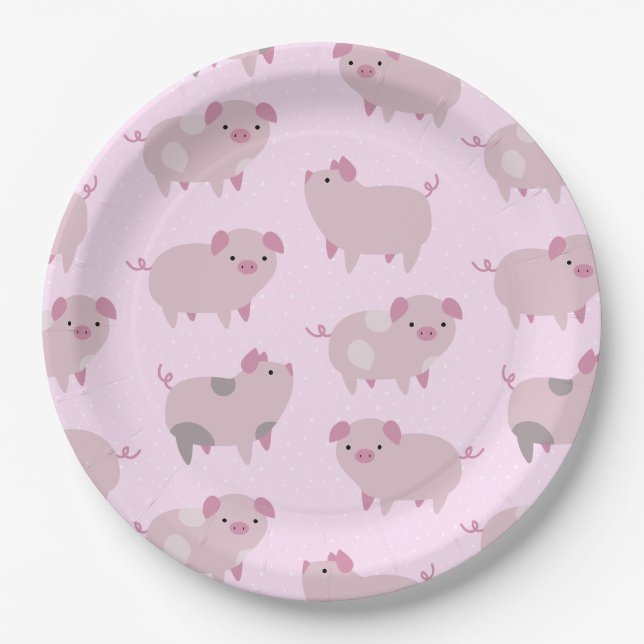 Cute Pink Baby Piglets Pattern & Dots Paper Plate (Front)